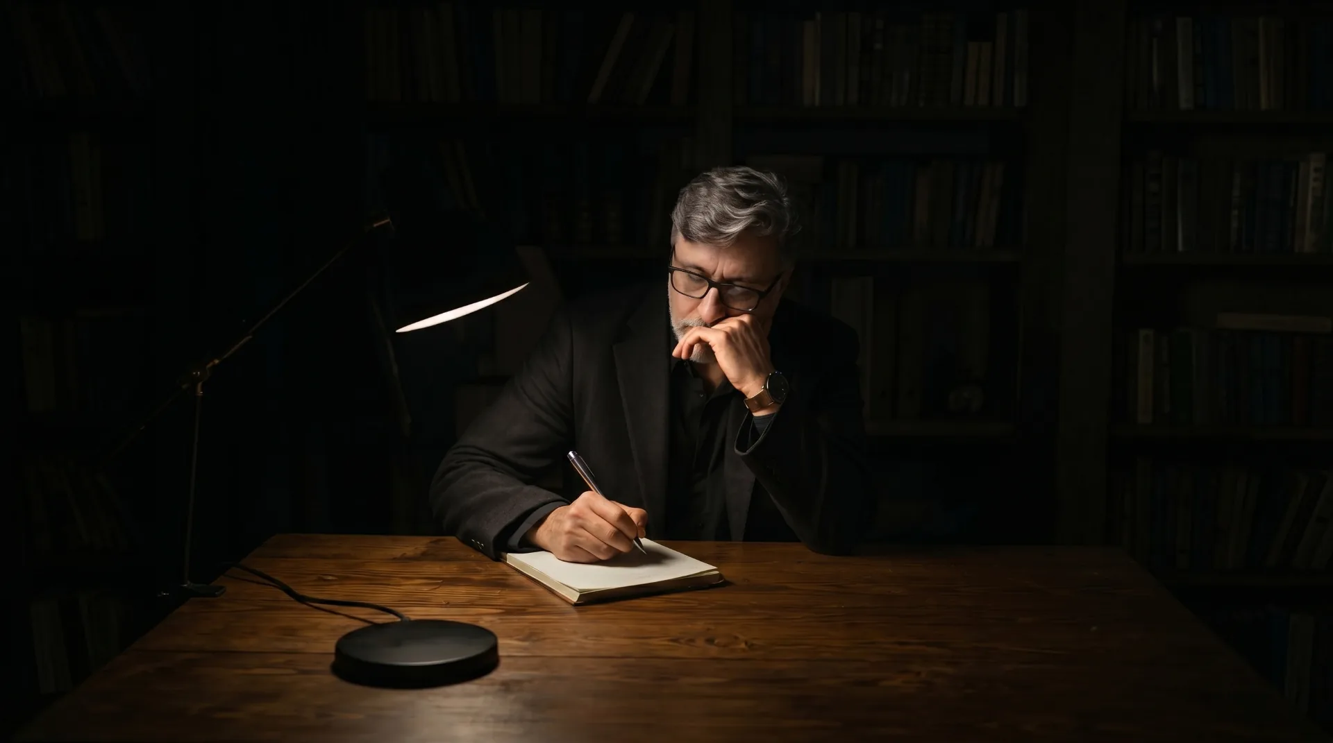 Escritor trabalhando em sua biblioteca
